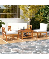 5 Pcs Acacia Wood Patio Furniture Set with Cushions and 2-Tier Coffee Table