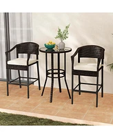 3 Pcs Patio Rattan Bar Set Wicker Armchairs & Round Table with Tempered Glass Top