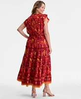 Vince Camuto Plus Printed Smocked-Waist Flutter-Sleeve Maxi Dress