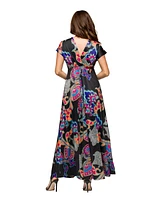 24seven Comfort Apparel Women's V Neck Empire Waist Cap Sleeve Maxi Dress