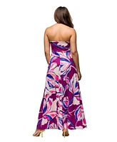 24seven Comfort Apparel Women's Purple Floral A Line Strapless Maxi Dress with Pockets