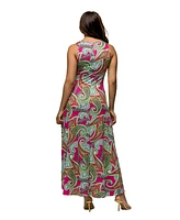 24seven Comfort Apparel Women's Hot Pink Paisley Print Scoop Neck A Line Sleeveless Maxi Dress