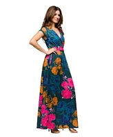 24seven Comfort Apparel Women's Cap Sleeve V Neck Side Slit Pocket Maxi Dress