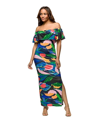 24seven Comfort Apparel Women's Off Shoulder Multicolor Print Side Slit Maxi Dress
