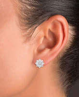 Cubic Zirconia Round & Baguette Flower Stud Earrings in Sterling Silver