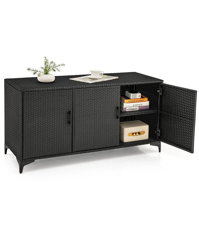 Patio Wicker Deck Box with 3 Doors and Removable Shelves – Pe Rattan Storage Container for Outdoor Use