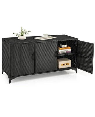 Patio Wicker Deck Box with 3 Doors and Removable Shelves – Pe Rattan Storage Container for Outdoor Use