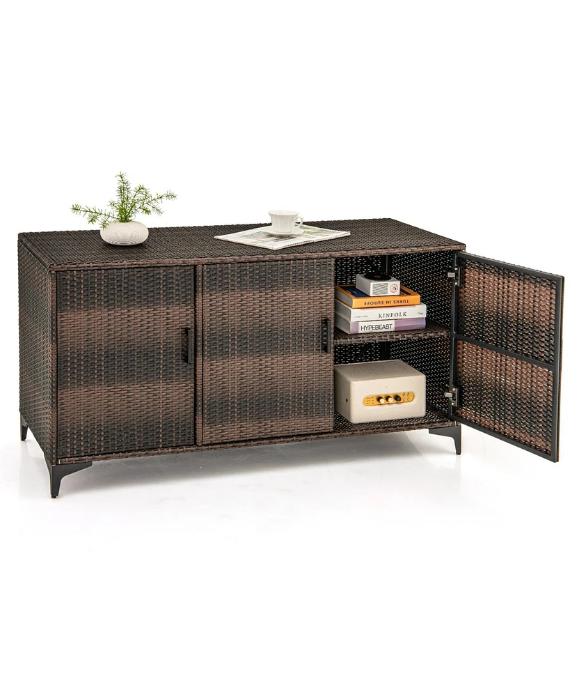 Patio Wicker Deck Box with 3 Doors and Removable Shelves – Pe Rattan Storage Container for Outdoor Use