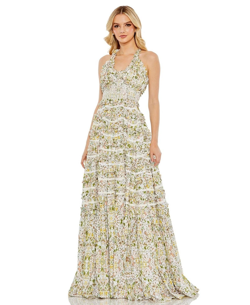 Mac Duggal Women's Cross Back Floral Ruffle Tiered Smock Dress