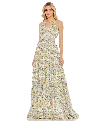 Mac Duggal Women's Cross Back Floral Ruffle Tiered Smock Dress