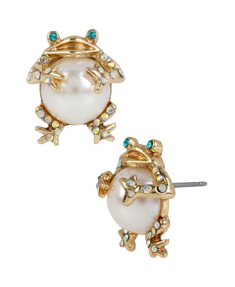 Betsey Johnson Faux Stone Cultivated Pearl Frog Stud Earrings