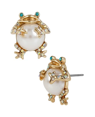 Betsey Johnson Faux Stone Cultivated Pearl Frog Stud Earrings