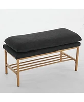 Modern Upholstered End of Bed Bench with Metal Legs and Storage Shelf Versatile Shoe Rack Ottoman for Entryway Bedroom Living Room Window or Hallway-T