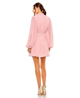 Mac Duggal Women's Draped High Neck Long Sleeve Mini Dress