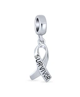 Bling Jewelry Set of 2 Ribbon Breast Cancer Survivor Message Dangle Charm Bead Sterling Silver for European Bracelet