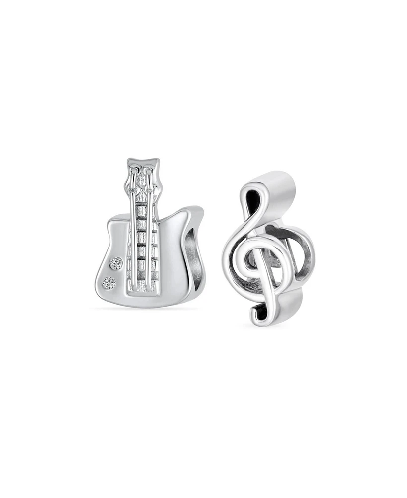 Bling Jewelry Set of 2 Music Notes G Clef & Electric Guitar Charm Bead Sterling Silver