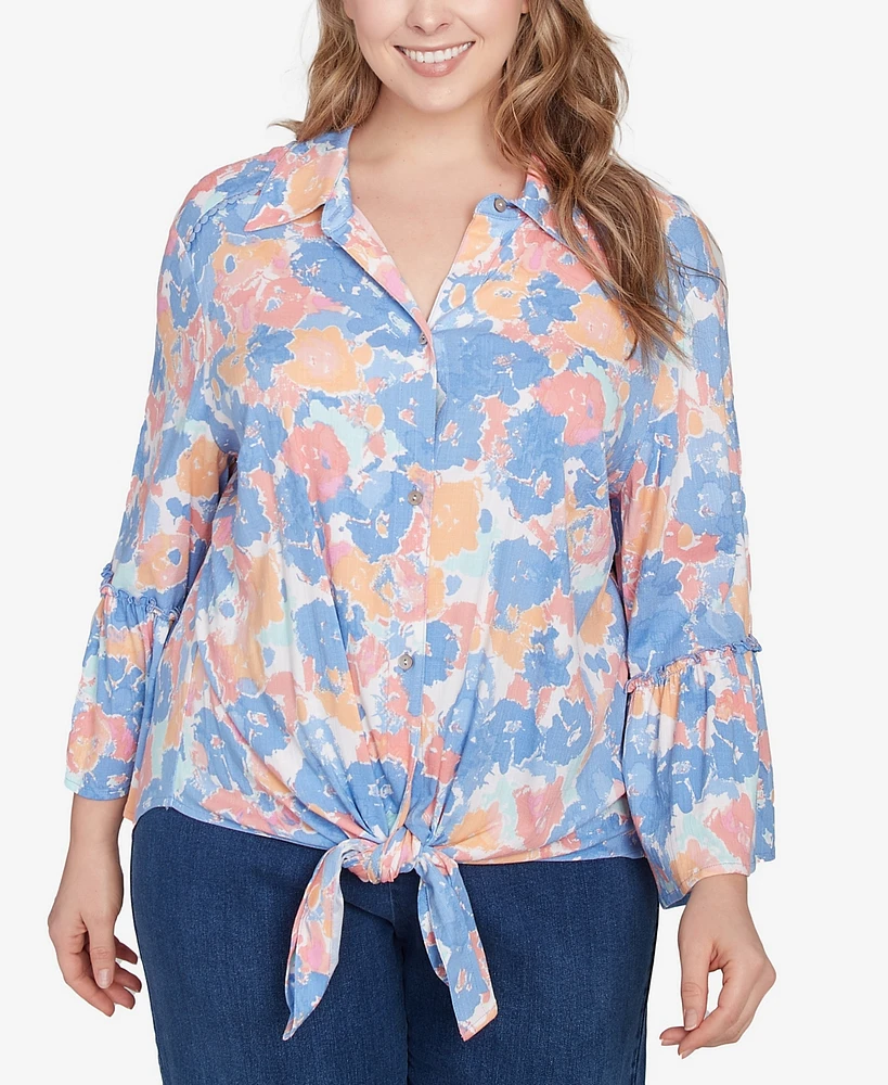 Ruby Rd. Plus Floral Button Tie Front Top