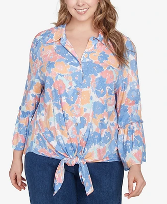 Ruby Rd. Plus Floral Button Tie Front Top
