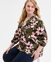 Jones New York Plus Floral-Print 3/4-Sleeve Top