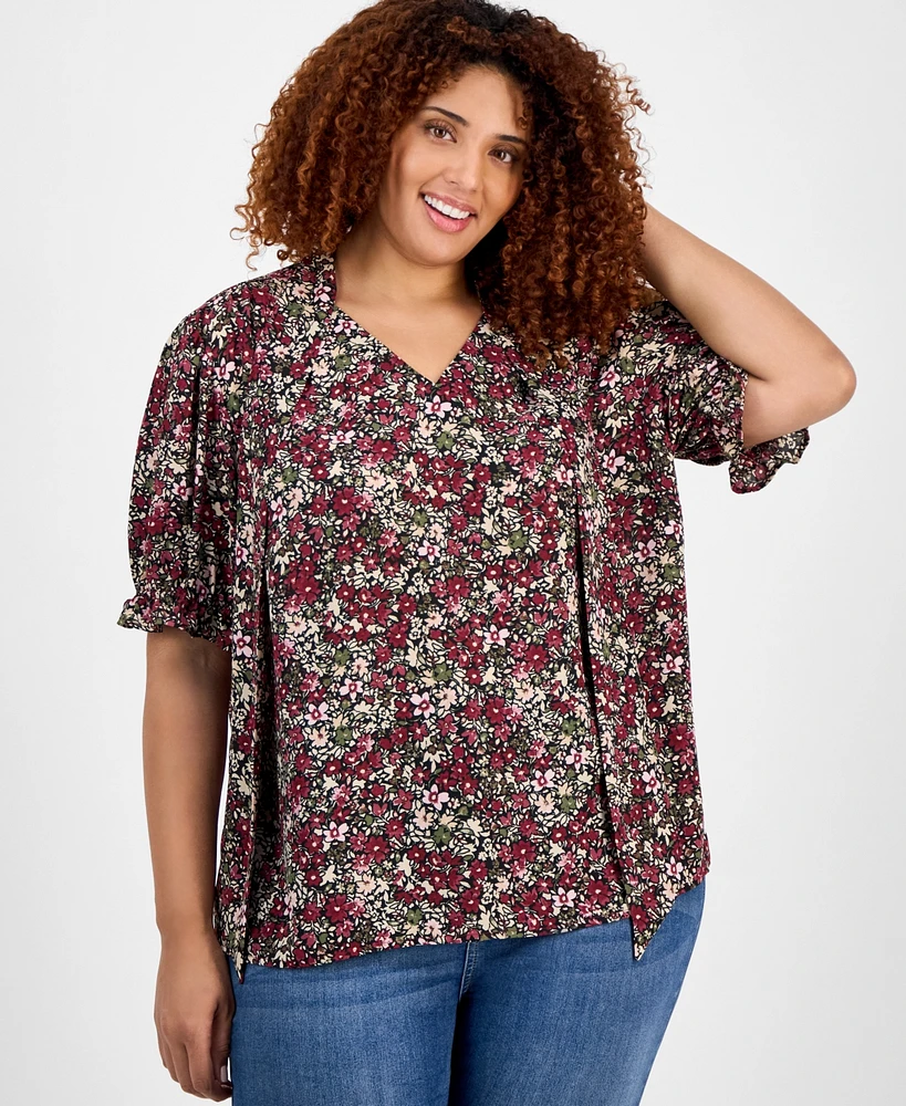 Jones New York Plus Printed Tie-Neck Short-Puff-Sleeve Blouse