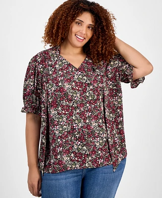 Jones New York Plus Printed Tie-Neck Short-Puff-Sleeve Blouse