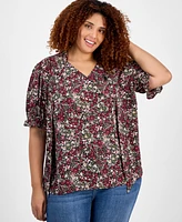 Jones New York Plus Printed Tie-Neck Short-Puff-Sleeve Blouse