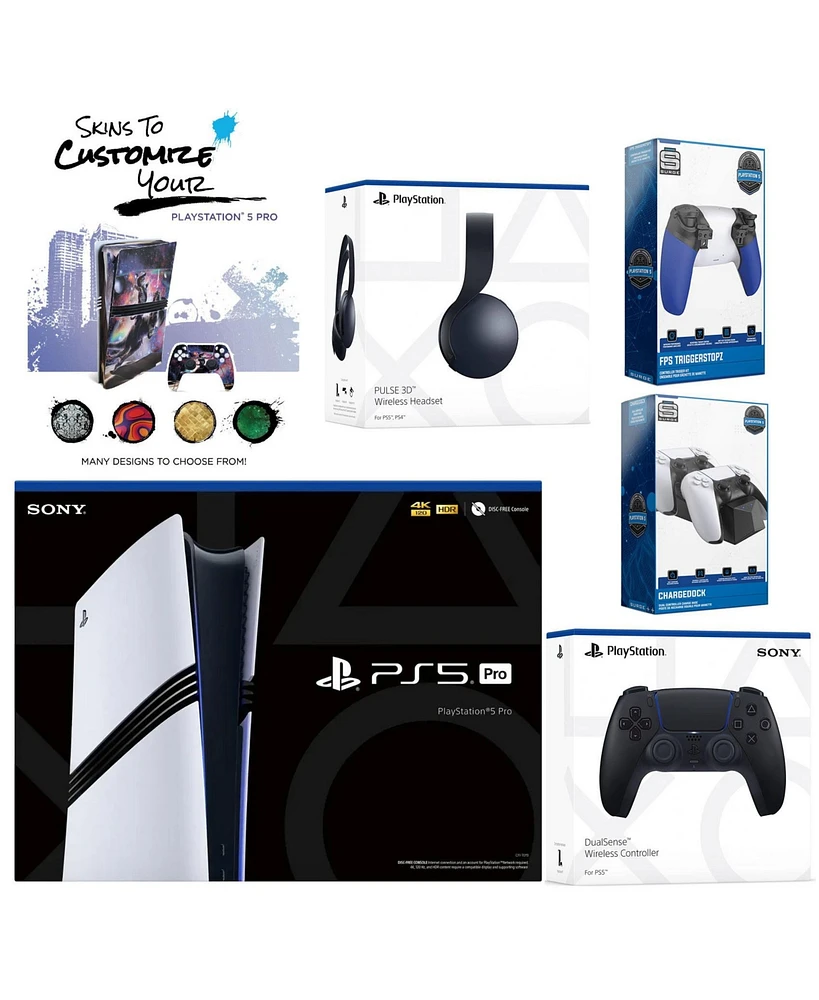 Sony Playstation 5 Pro Bundle with Black Pulse Headset, Extra Controller, Trigger Stop Kit, Dual Charge Dock and MightySkins Decal Voucher