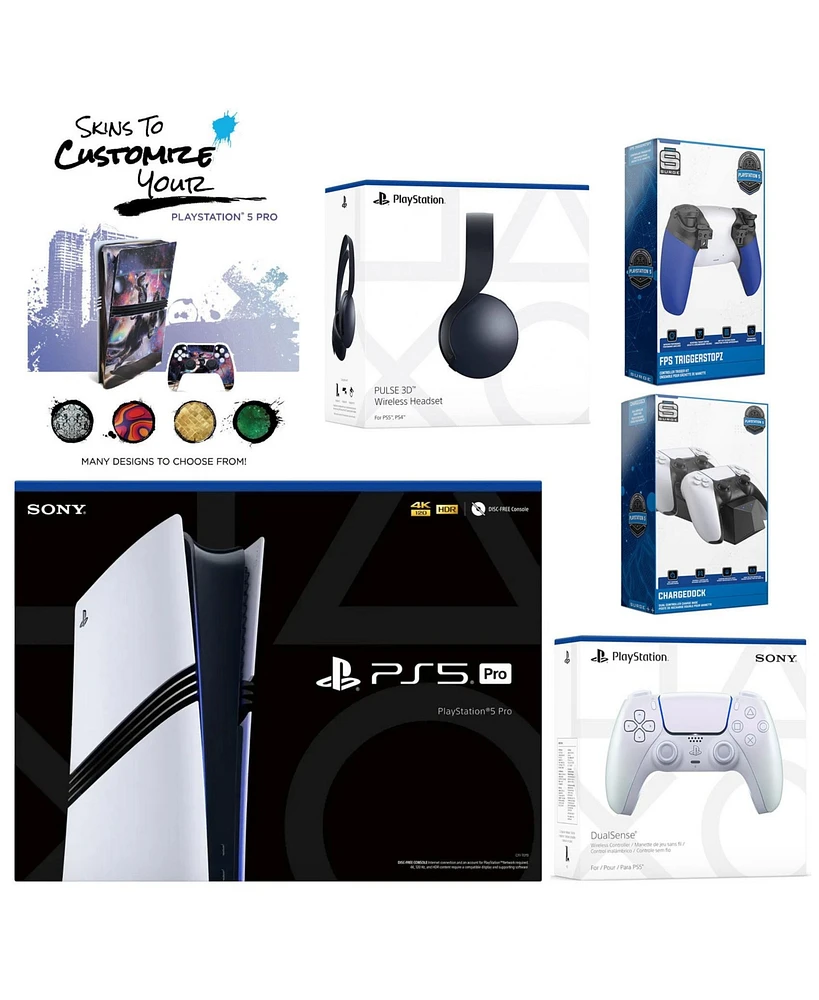 Sony Playstation 5 Pro Bundle with Black Pulse Headset, Extra Chroma Pearl Controller, Trigger Stop Kit, Dual Charge Dock and MightySkins Decal Vouche