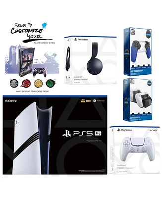 Sony Playstation 5 Pro Bundle with Black Pulse Headset, Extra Chroma Pearl Controller, Trigger Stop Kit, Dual Charge Dock and MightySkins Decal Vouche