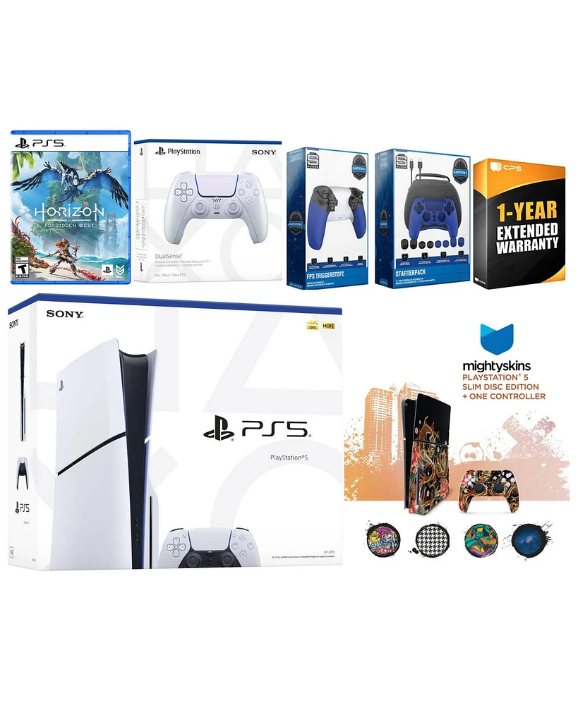 Sony Playstation 5 Slim Disc with Horizon Forbidden West, Extra Sterling Silver Controller, Gamer Kit, Trigger Kit and MightySkins Decal Voucher + 1 Y