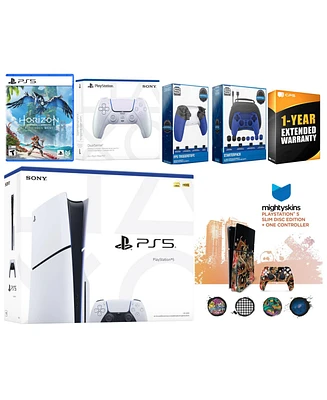Sony Playstation 5 Slim Disc with Horizon Forbidden West, Extra Sterling Silver Controller, Gamer Kit, Trigger Kit and MightySkins Decal Voucher + 1 Y