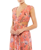 Mac Duggal Women's Cut Out Cap Sleeve V Neck Gown