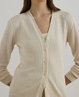 Lauren Ralph Women's Rib-Knit Linen-Blend V-Neck Cardigan