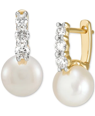 Grown With Love Cultured Freshwater Pearl (7-1/2mm) & Lab Grown Diamond (3/8 ct. t.w.) Small Hoop Earrings in 14k Gold