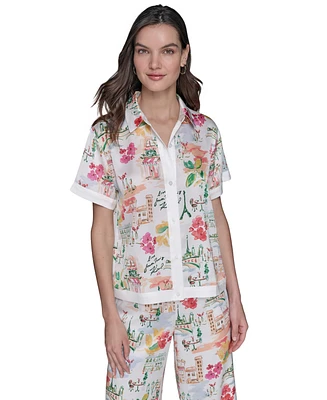 Karl Lagerfeld Paris Women's Printed Camp Shirt