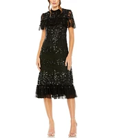 Mac Duggal Women's Sequined High Neck Ruffled Flutter Sleeve Midi Dress