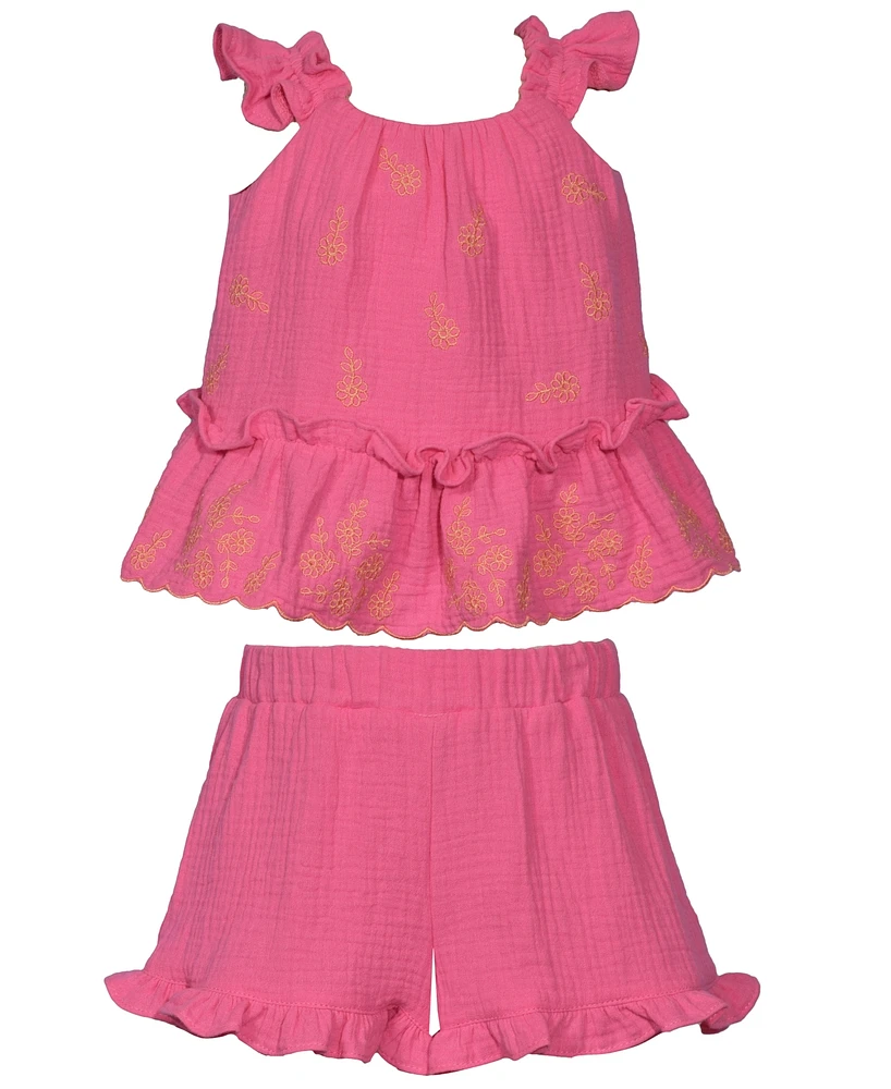 Bonnie Baby Girls 2-Piece Embroidered Ruffle Top and Shorts Set