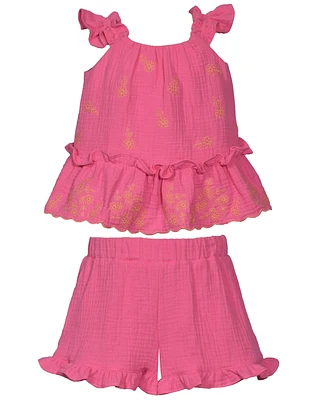 Bonnie Baby Girls 2-Piece Embroidered Ruffle Top and Shorts Set