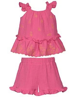 Bonnie Baby Girls 2-Piece Embroidered Ruffle Top and Shorts Set