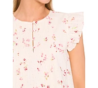 CeCe Women's Printed Eyelet Cotton Pintuck Blouse