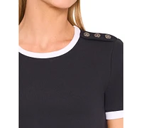 CeCe Women's Button-Shoulder Contrast-Trim T-Shirt