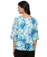 Alex Evenings Women's Printed Tulip-Hem Chiffon Burnout Blouse
