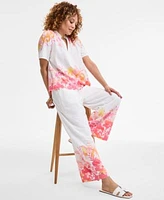 Jm Collection Womens Floral Linen Short Sleeve Top Floral Linen Wide Leg Pants Exclusively At Macys