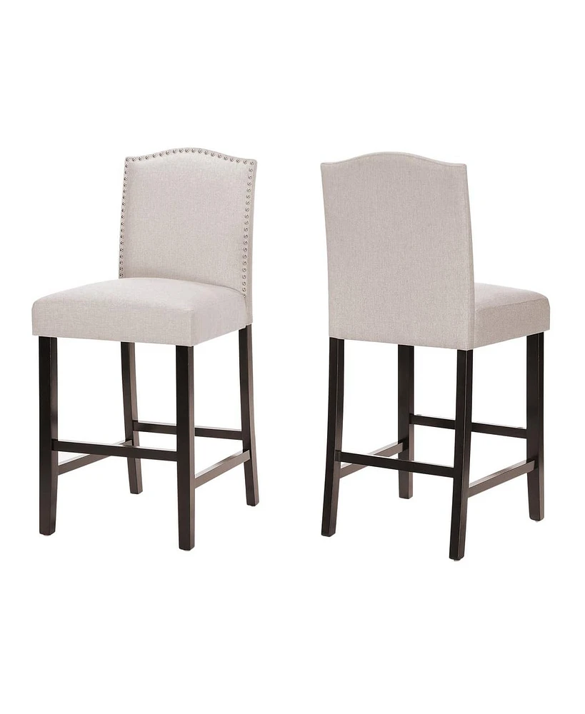Set of 2 Upholstered Barstools with Nailhead Trim Cushioned Back and Seat Solid Wood Legs and Footrest for Kitchen or Dining Room-The Pop Home