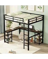 Full Metal Loft Bed with Desk and Shelves, Loft Bed with Ladder and Guardrails, Loft Bed Frame for Bedroom