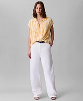 Calvin Klein Women's Printed Chiffon Faux-Wrap Cap-Sleeve Top