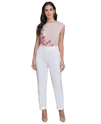 Calvin Klein Petite Linen-Blend Mid Rise Slim-Leg Pants