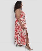 Dkny Plus Printed V-Neck Belted Sleeveless Dress