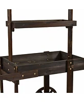 Flower Cart Display Stand with Wheels - Dessert Candy Market 2 Shelves Fir Wood White
