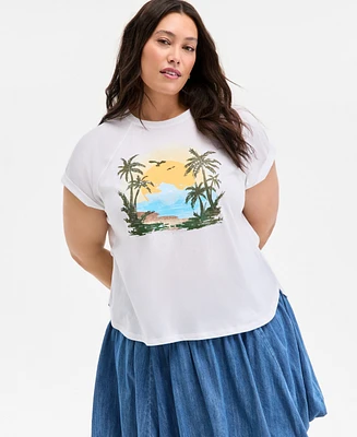 On 34th Trendy Plus Raglan-Seam Palm-Print T-Shirt, Exclusively at Macy's